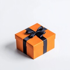 Wall Mural - Orange gift box with black ribbon on white background, elegant and minimalist design