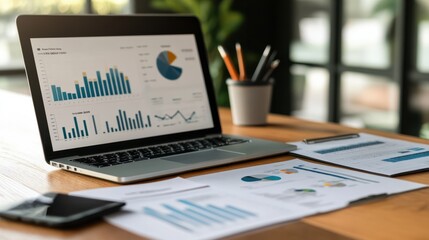 financial reports and graphs on a desk with a laptop, showcasing data analysis and business strategy.