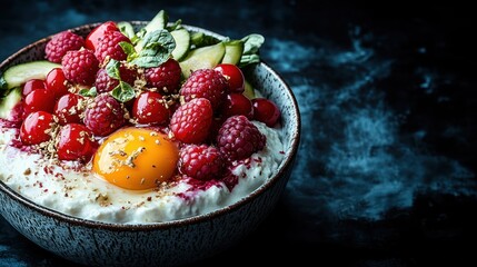 Berries and cucumbers atop creamy yogurt with an egg yolk