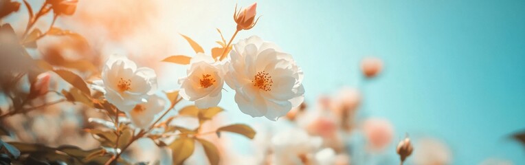 Wall Mural - A banner with white wild roses in the foreground and a blue sky in the background, a close-up of the flowers Generative AI