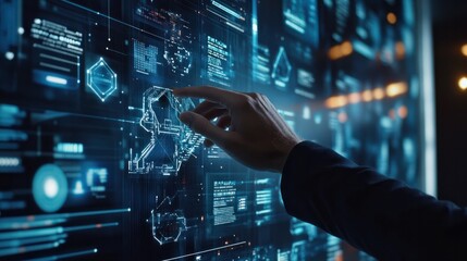 Poster - Manager is touching interface with conncetion line of network, management and marketing banner. Generative AI.