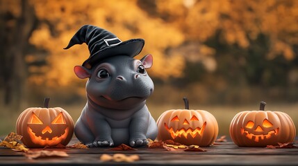 Wall Mural - 3d render of a cute baby pygmy hippo wearing a witch hat sitting next to carved pumpkins