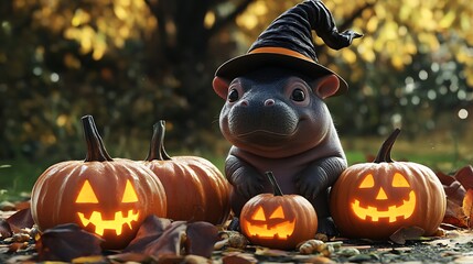 Wall Mural - 3d render of a cute baby pygmy hippo wearing a witch hat sitting next to carved pumpkins