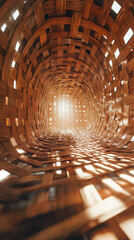 A close-up view inside a woven basket with sunlight streaming through, creating a geometric pattern of light and shadow