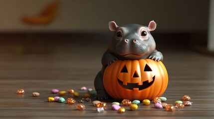 Wall Mural - 3d render of a baby pygmy hippo in a pumpkin costume playing with halloween candy