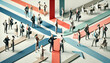 © UrbanOrigami - Origami Business Teamwork Scene with Folded Paper Figures in Minimalist Professional Setting Featuring Muted Color Strips and Business Interactions