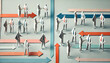 © UrbanOrigami - Origami Business Teamwork Scene with Folded Paper Figures in Minimalist Professional Setting Featuring Muted Color Strips and Business Interactions