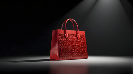 Red Leather Handbag in Spotlight: A luxurious red leather handbag, crafted with intricate details, sits in a spotlight against a dramatic black background, exuding elegance and sophistication.