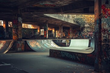 Empty indoor skatepark covered in graffiti showing urban subculture