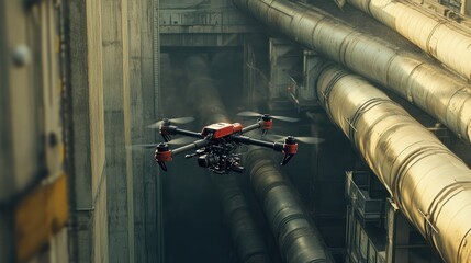 Poster - A drone inspecting pipelines in an industrial setting.
