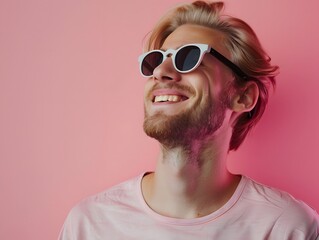 Happy blonde man in stylish sunglasses on pink wall background