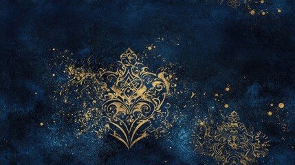 Poster - deep blue textured paper featuring a vignette of a hand drawn golden pattern accompanied by glittery
