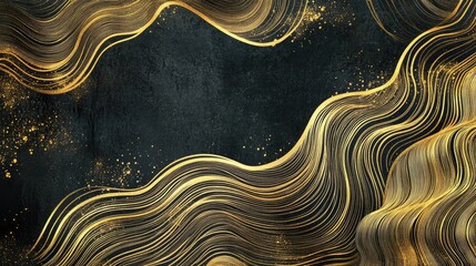 Luxurious gold wallpaper design featuring a black and gold background Grunge wall art with abstract wave patterns in golden line art Modern mural wallpaper vector illustration