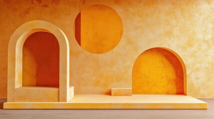 Poster - Cream yellow and orange geometric shapes on a minimal abstract wall 3D rendering