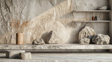 Poster - Product display podium with rough stone slabs marble countertop concrete table and stone shelves featuring a grunge texture in a 3D rendering