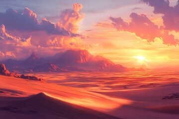 Sun rising over sand dunes in a desert landscape