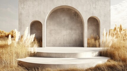 Poster - 3d podium background featuring a natural dry grass setting a minimalistic pedestal in soft beige ton