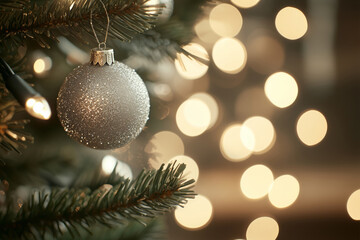 A beautifully decorated Christmas tree with silver ornaments and glowing bokeh lights in the background