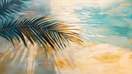 Oil painting depicting palm leaf shadows on an abstract sandy beach background illuminated by sunlight reflecting on the water creating a beautiful summer vacation concept