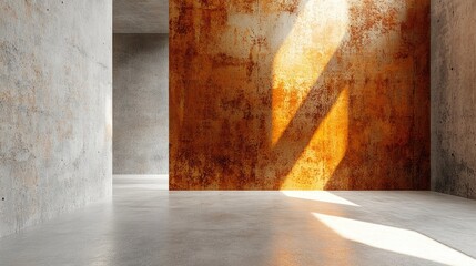 Poster - 3d rendering of a smooth abstract interior featuring rusted metal sheets and gray concrete showcasin