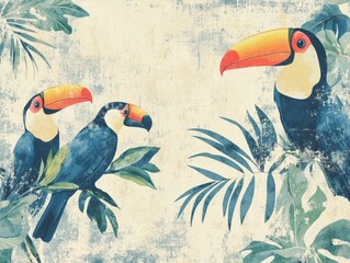 Illustration of a wallpaper design featuring tropical leaves and birds on a textured background showcasing plants and toucans in a vibrant botanical style