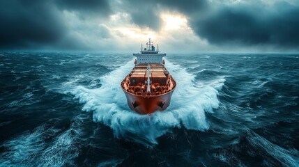 Aufkleber - The cargo ship cuts through the choppy ocean waves, leaving a frothy wake behind as dark clouds loom ominously overhead, signaling a brewing storm.