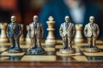 Businessmen chess pieces standing on chessboard