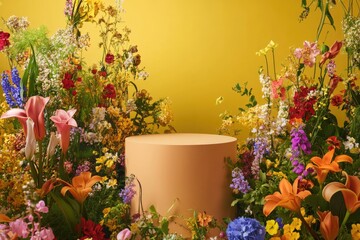 Wall Mural - Floral Arrangement Surrounding Cylindrical Podium for Product Display or Design