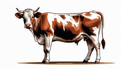 Real cow red and white color body animal  real or illustration art image, background solid color. ganarated by ai image.