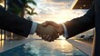 © Johannes - Buyer and seller waring a suit shake hands after selling a villa with a pool by the sea, successful agreement