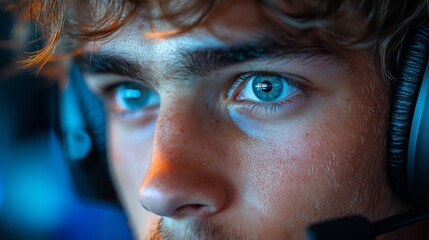 Poster - A young man with striking blue eyes wears a headset while immersed in a competitive gaming match, displaying intense concentration and skill amidst a buzzing eSports environment.