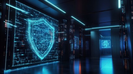 Poster - futuristic digital cybersecurity shield protecting tech data network