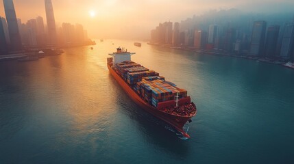 Aufkleber - A cargo ship navigates through a fog-covered harbor at sunrise, surrounded by towering city buildings and reflecting light on the water's surface.