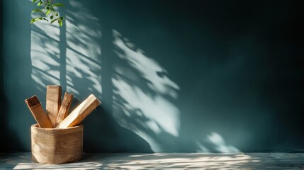 Poster - An artistic still life depicting wooden logs in a container against a serene backdrop, accentuated by dramatic shadows from a leafy branch creating captivating patterns.