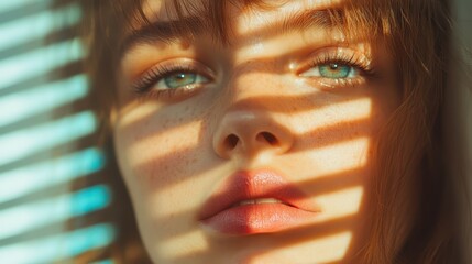 Poster - A striking portrait of a woman where sunlight casts dramatic shadows across her face, emphasizing her eyes and features in an aesthetically pleasing manner.