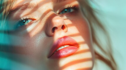 Poster - A close-up of a woman's face with shadows creating an artistic pattern, illuminating her features and adding depth to the portrait through light contrast.