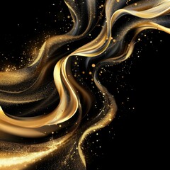 Poster - Abstract golden waves are flowing on a black background with glitter, creating a luxurious and elegant design