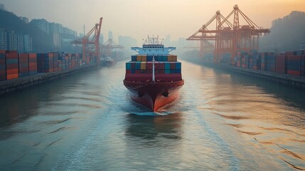 Aufkleber - A cargo ship makes its way down a waterway flanked by towering stacks of shipping containers. Early dawn light casts a golden hue, indicating a busy port bustling with activity.