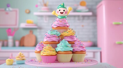 Wall Mural - Colorful cupcakes with a cartoon character on top, arranged in a pyramid shape on a pink cake stand.