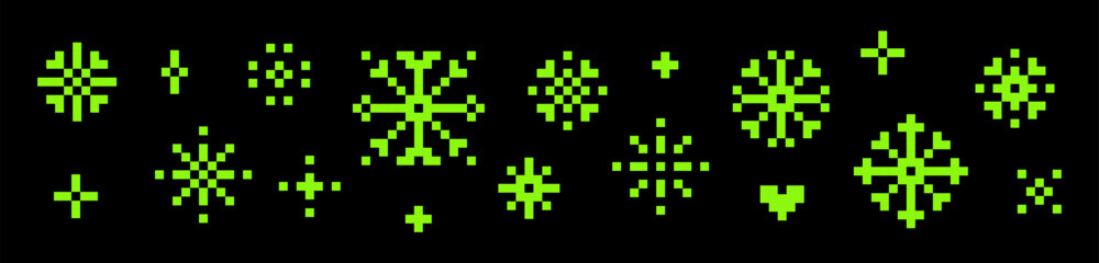 Poster - Snowflakes pattern. Set of y2k pixel icons. Game abstract elements. Green. Christmas pattern. Mood of 90's. 8 bit editable vector illustration in pixel art style. Xmas. Simple geometric shape