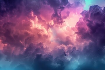 Wall Mural - Abstract Sky with Fluffy Pink and Blue Clouds and Scattered Stars