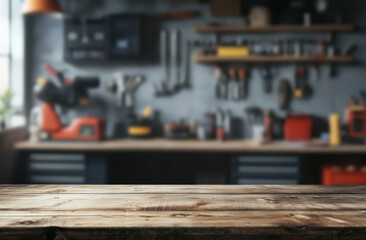 blurred view of empty garage with workbench and tools creates rustic atmosphere. wooden table in foreground adds warmth to industrial setting