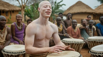 Albino man joyfully playing drums in an African village setting, AI