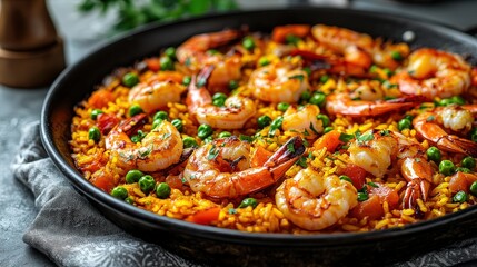 Poster - A large skillet filled with shrimp and colorful vegetables showcases a vibrant paella, garnished with fresh peas and herbs, perfect for sharing at dinner