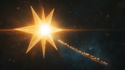 Wall Mural - A bright star with a Christmas tree on it is shining in the night sky