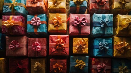 Poster - an assortment of beautifully wrapped gifts in vibrant colors, neatly arranged with bows, creating a 