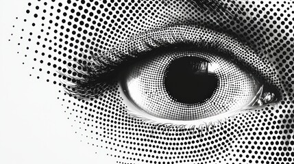 Poster - An eye showcases a unique design featuring detailed dot patterns that create depth and texture, set against a clean white background for striking contrast