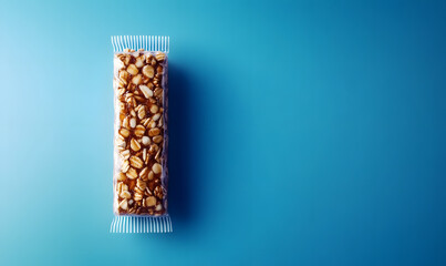 Sticker - Healthy Energy Bar in Minimalist Packaging on Blue Background, Nutrition Concept for Active Lifestyle and Fitness Enthusiasts, Generative AI