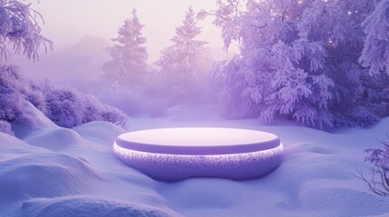 Poster - A mysterious glowing platform rests in a tranquil, snow-laden forest during twilight. Surrounding evergreen trees are adorned with frost, creating a magical winter atmosphere.