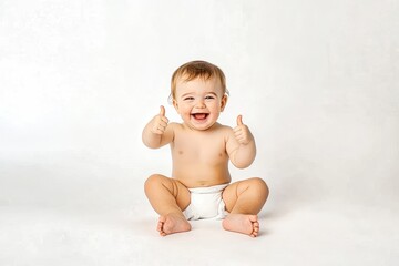 Adorable baby smiling and giving two thumbs up on white background